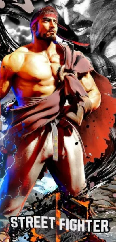 Street Fighter character in action pose on vibrant wallpaper.