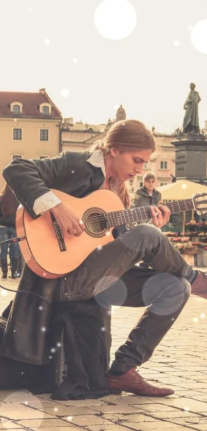 Street guitarist performing in a lively city square at sunrise.