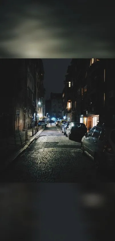 Nighttime street view with parked cars and city lights.