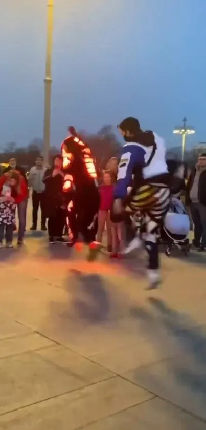 Dancers performing in glowing costumes at dusk in an urban setting.