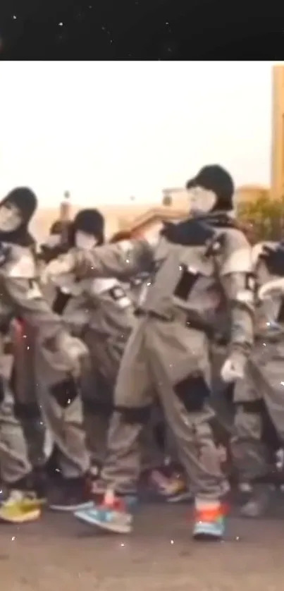 Masked dancers in gray costumes perform energetically on an urban street.