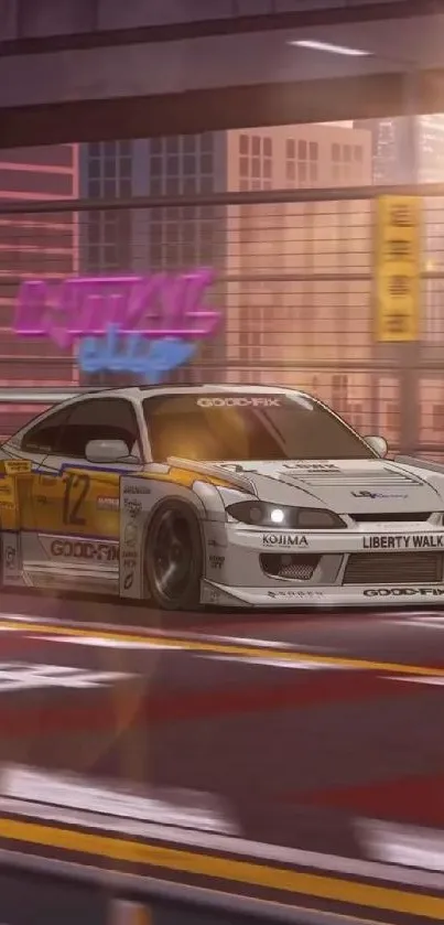 Anime-style car speeds through urban street scene.