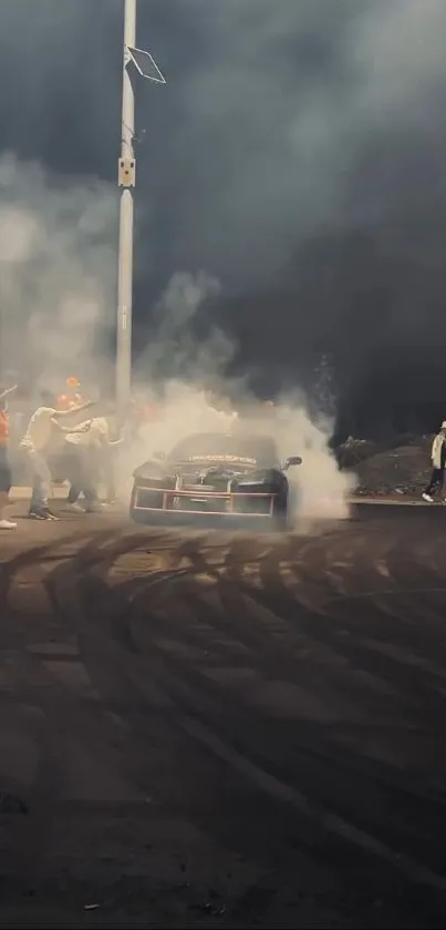 Dynamic street racing car enveloped in smoke at night.