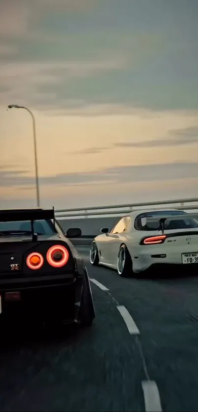 Two racing cars on a scenic road during dusk.