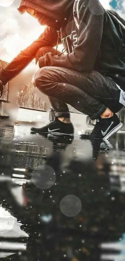 Hooded figure crouching on wet pavement with city reflection.