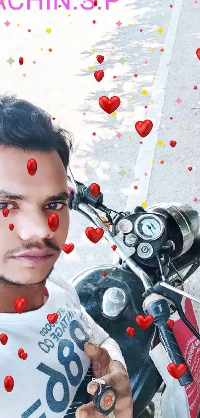 Man takes a selfie with his motorcycle on a sunny street.