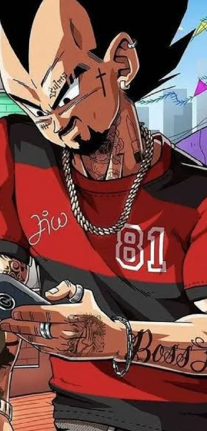 Anime character with tattoos on phone