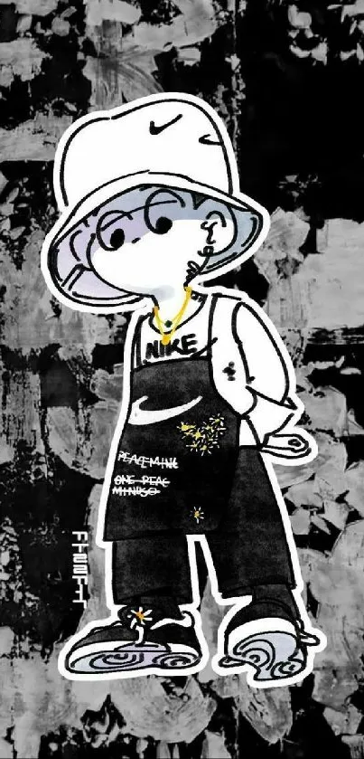 Stylish cartoon character on a black and white urban background.