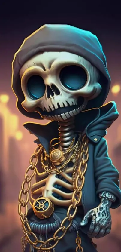 Cool skeleton in street style hoodie with chains on a city night backdrop.