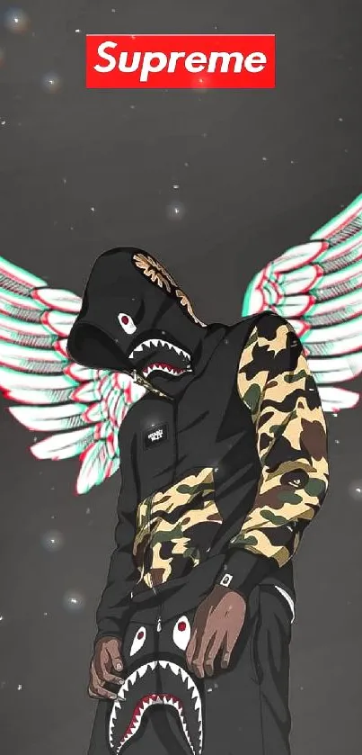 Streetwear angel with wings and camouflage hoodie on a black background.