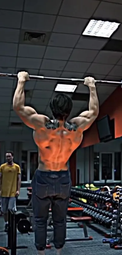 Athlete performing pull-ups in a gym setting, showcasing muscular back.