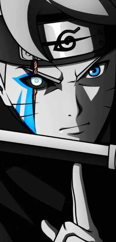 Anime character with blue eyes and headband holding a sword.