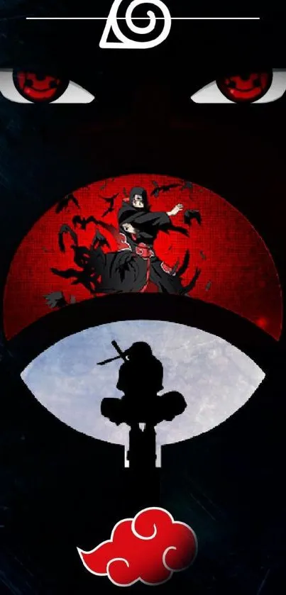 Anime wallpaper with striking red eyes and ninja symbols on a dark background.