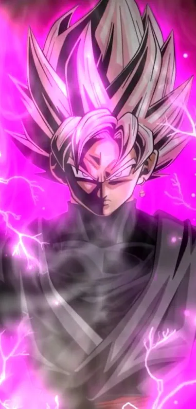 Anime character with pink aura and electric energy on dark background.