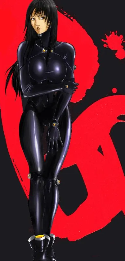 Anime character in black outfit with bold red backdrop.