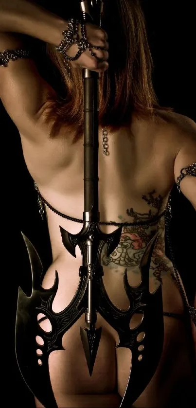 A bold artistic wallpaper featuring an intricate axe with a tattooed back.