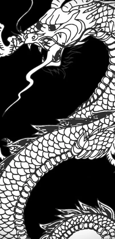 Intricate black and white dragon design on a mobile wallpaper.