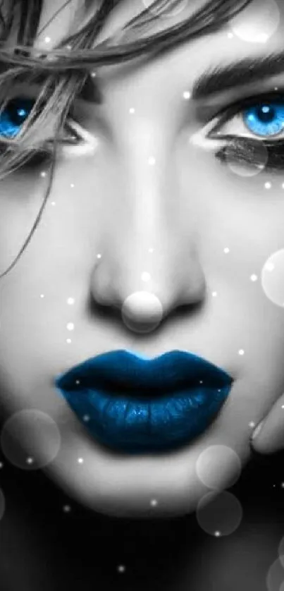 Monochrome portrait with vivid blue eyes and lips.