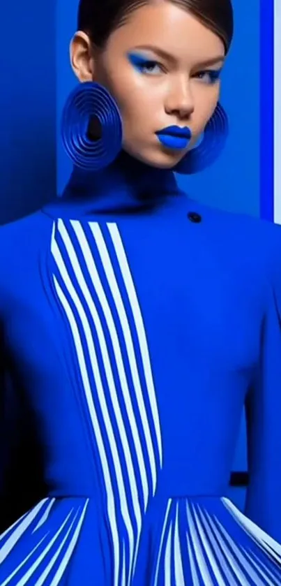 Bold blue fashion art with modern design elements.