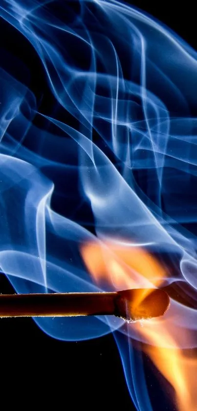 A matchstick ignites blue smoke and orange flames against a dark background.