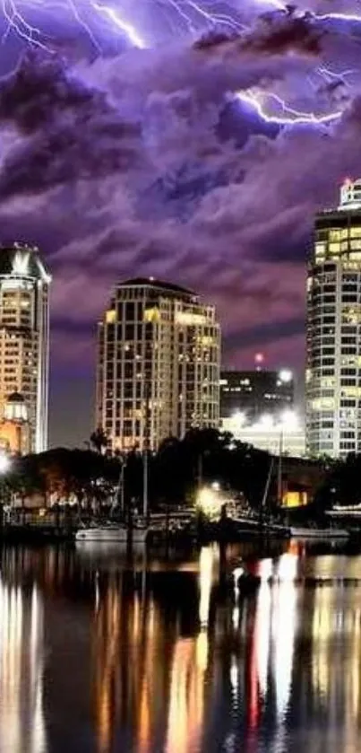 Dramatic city skyline with lightning at night.