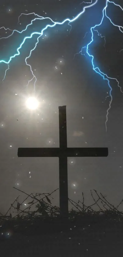 Silhouette of cross with lightning in stormy sky.