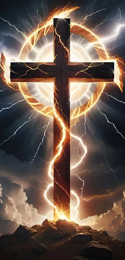 Illuminated cross with lightning and dark clouds wallpaper.