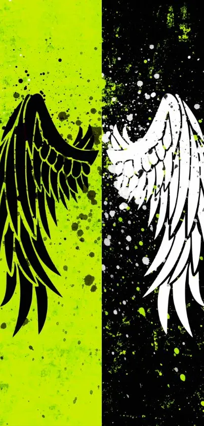 Dual angel wings in black and white on a vibrant green splatter background.