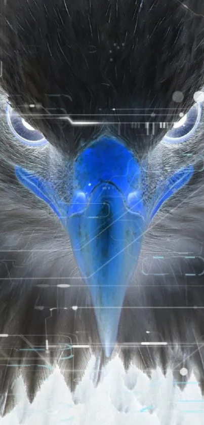 Inverted art of an eagle with striking blue beak and intense black features.