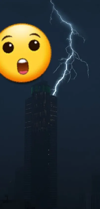 City skyline at night with lightning and emoji.