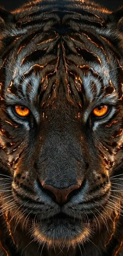 Fiery-eyed tiger close-up shot on mobile wallpaper.