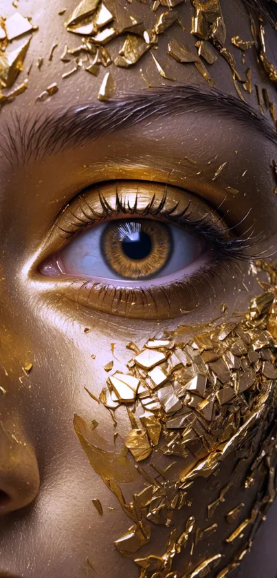 Close-up of a face with gold flakes and detailed eye in artistic wallpaper.