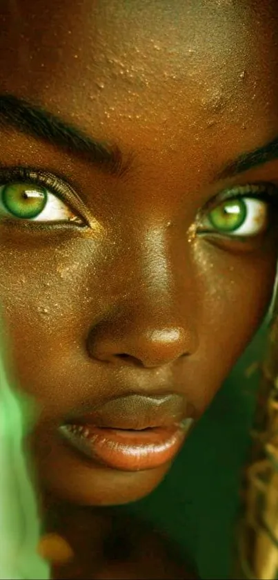 Close-up portrait with vibrant green eyes.