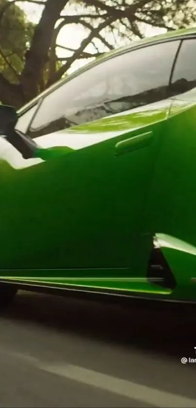 Vibrant green sports car in motion with sleek design.