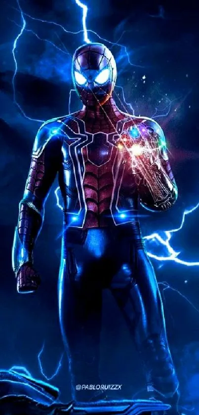 Superhero with electric blue sparks, striking pose.