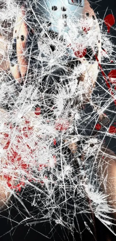 Artistic wallpaper with hockey mask and cracked glass effect.