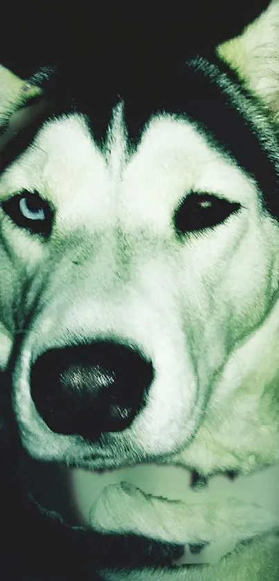 Close-up of a husky with dual-colored eyes.