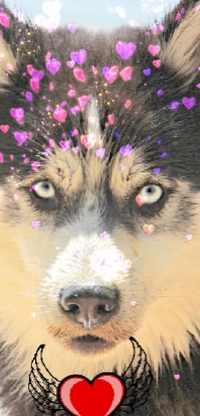 Husky with a red heart symbol on a light blue background.