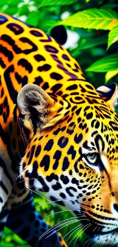 Colorful jaguar in a lush green jungle setting mobile wallpaper.