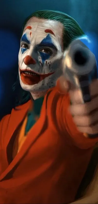 Joker themed phone wallpaper with red suit and gun.