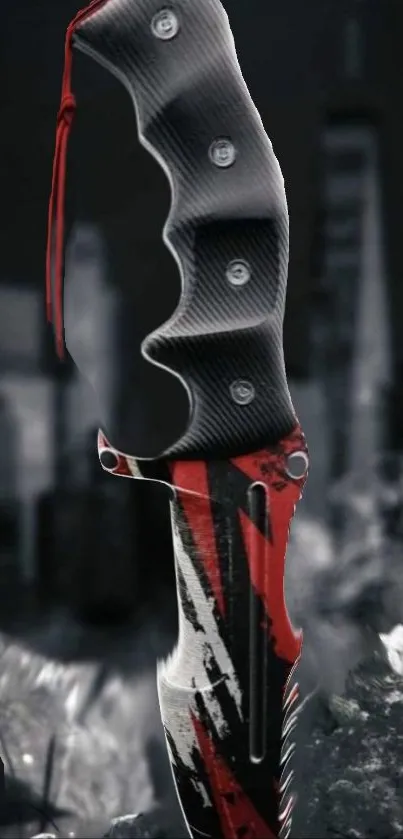 Knife art wallpaper in black and red tones with urban background.