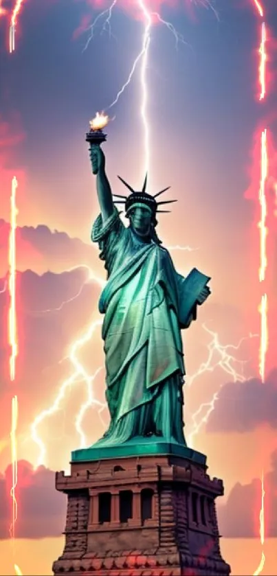 Statue of Liberty with lightning and sunset background.