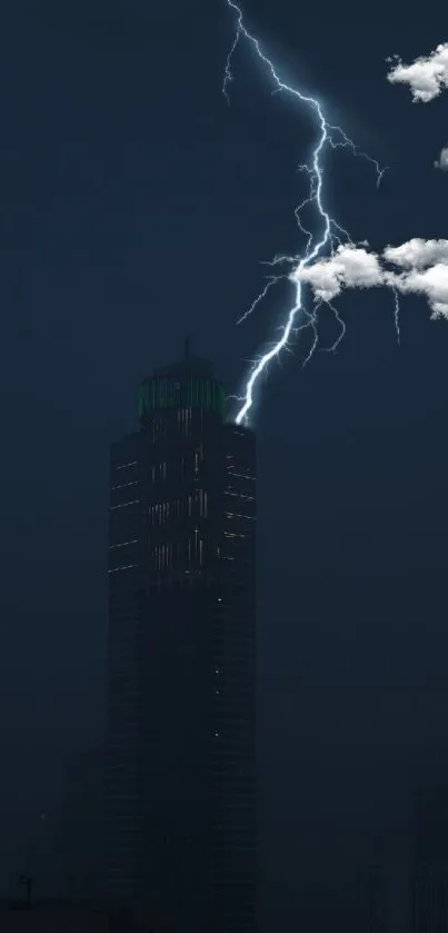 Lightning striking a city skyscraper under dark storm clouds.