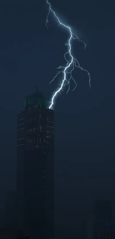 Lightning striking over city skyscraper at night.