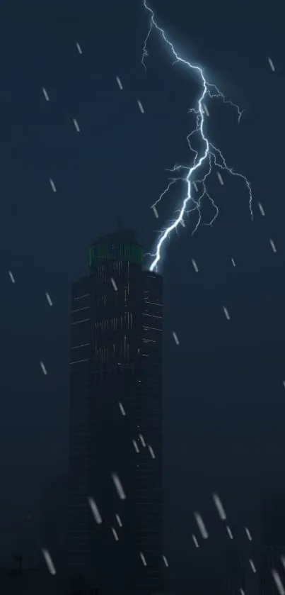 Lightning strikes atop a city skyscraper under a dark stormy sky.