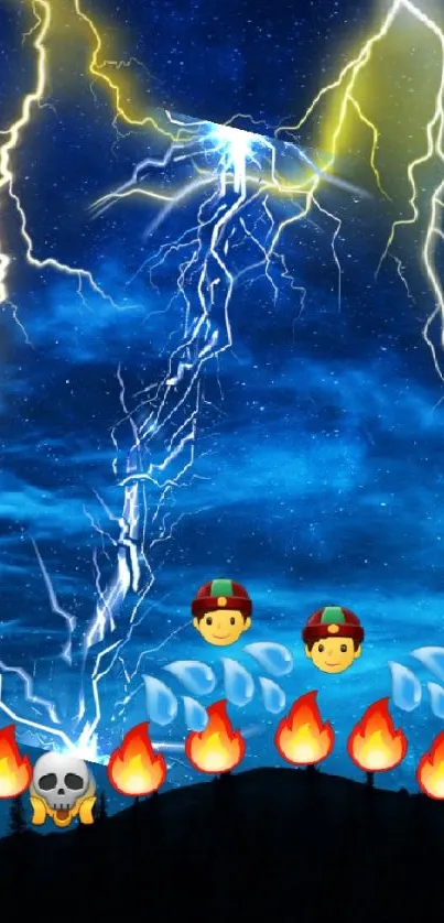 Lightning strikes above emojis in a dark sky.