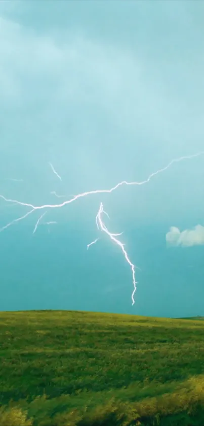 Lightning striking over a green field with a blue sky backdrop.