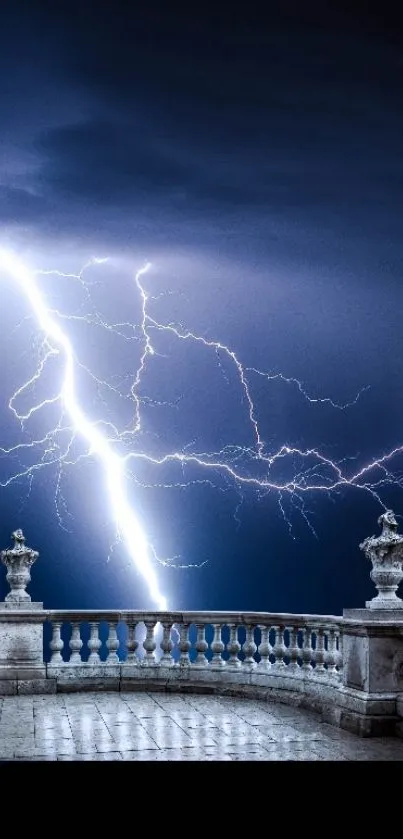 Dramatic lightning storm over stone terrace with dark blue sky.