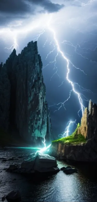 Lightning storm over mountain landscape wallpaper.