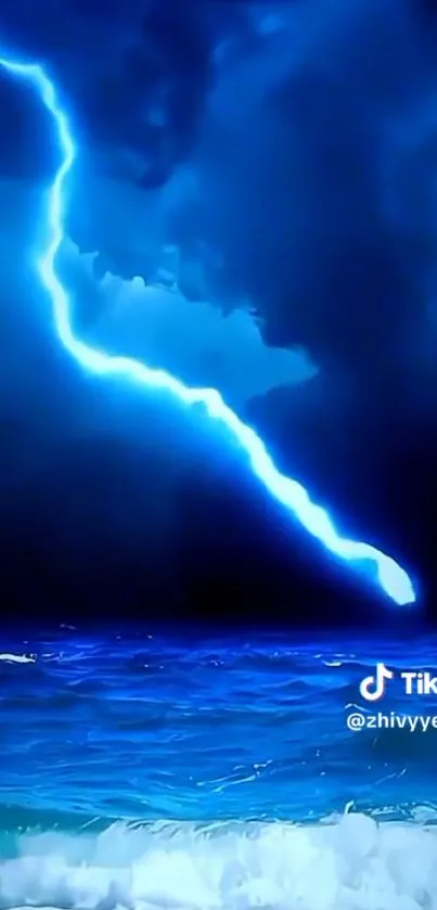 Dynamic lightning strike over a stormy ocean at night.